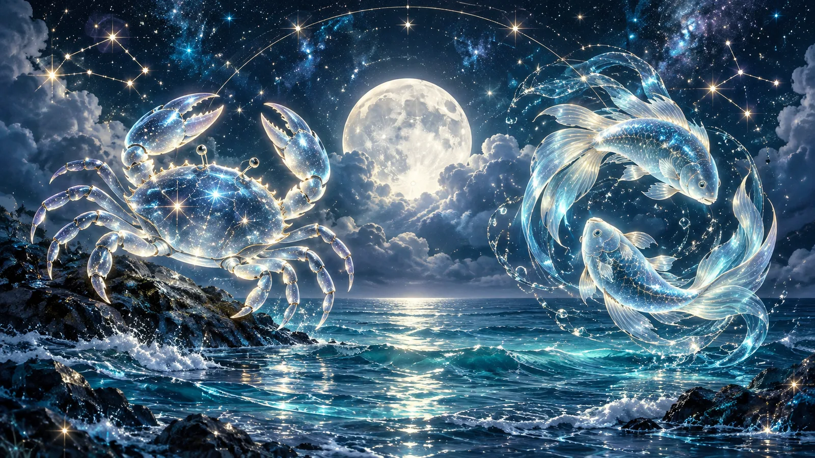 Pareja bajo un cielo estrellado simbolizando la conexión espiritual de Cáncer y Piscis